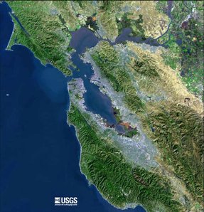 USGS Satellite photo of the San Francisco Bay Area. Light gray areas are heavily urbanized regions