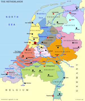 Map of The Netherlands, with red dots marking the capitals of the provinces and black dots marking other notable cities.
