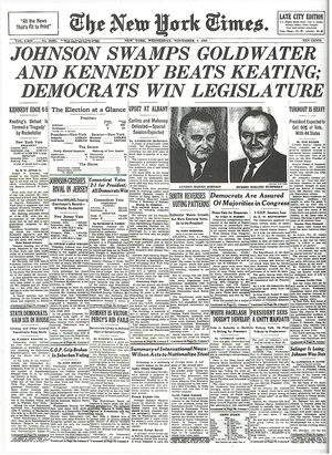 The New York Times front page from the day after the election: November 4, 1964.