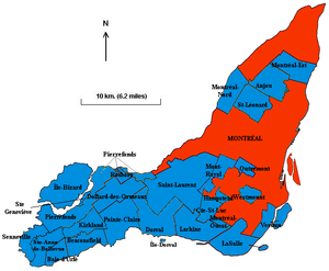 Island of Montreal before the 2002 merger: City of Montreal (186 km²) and 27 independent municipalities