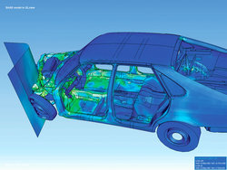 Visualization of how a car deforms in an asymmetrical crash using finite element analysis.