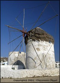 Windmills on the Island of Myconos, Greece. Image provided by Classroom Clip Art (http://classroomclipart.com)