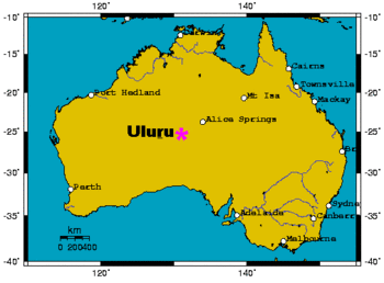 Uluru's location relative to other places in Australia