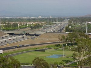A typical suburban freeway ( in ) with an  in the foreground