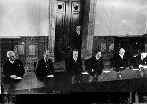The Nuremberg judges, left to right: , , , , , 