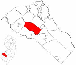 Harrison Township highlighted in Gloucester County. Inset map: Gloucester County highlighted in the State of New Jersey.