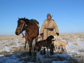 Kazakh shepherd south of Aqtbe, western Kazakhstan