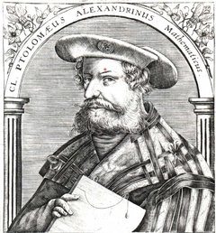 Claudius Ptolemaeus, given contemporary German styling, in a 16th century engraved book 
