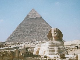 The Sphinx against Khafre's pyramid