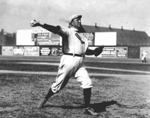 Cy Young warming up for Boston in 1908, the first year they were called the "Red Sox"