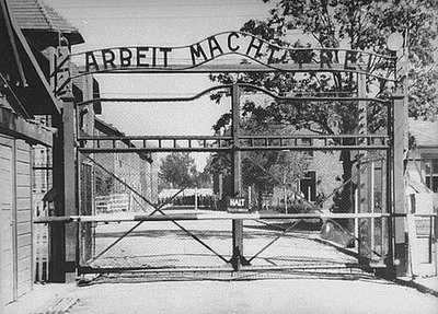 Gate to Auschwitz Concentration Camp (1941), with German motto: "Work liberates."