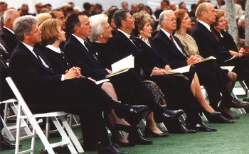 Presidents Bill Clinton, , , , , and their wives at the funeral of President  on April 27, 1994.