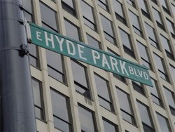 Hyde Park Boulevard sign; Regents Park south tower in background