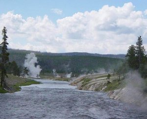 Firehole River near Excelsior Geyser. The heat from the series of mega-eruptions continues to feed Yellowstone's many geysers, hot springs, and mud pots.