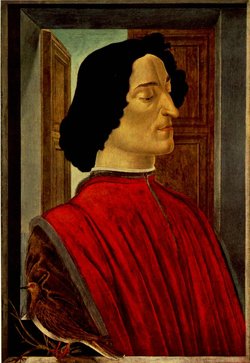 Portrait by Sandro Botticelli. The dove on the dead branch and the half-open door have suggested that this is a memorial portrait. The stiff features and nearly-closed eyelids suggest that it may have been made from Giuliano's body or a death mask.