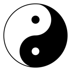 The  or  diagram, often used as a symbol in Taoism. It represents two polar  of nature and their relationship. The black spot in the white symbolises a black "seed" that will regenerate white and transmute it into black, and the reverse, indicating the constancy of change in the .