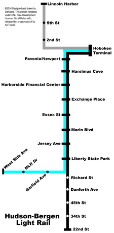 Map of the Hudson-Bergen Light Rail system (click to enlarge)