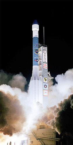A Delta II rocket launches from Cape Canaveral carrying a GPS satellite