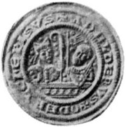 Mideval silver bracteat portraying bishop  and .