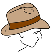 A fedora, which in this case has been pinched at the front and being worn pushed back on the head, with the front of the brim bent down over the eyes.