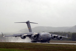 A USAF  returns to base from a humanitarian drop