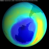Image of the largest antarctic ozone hole ever recorded in September 2000. Data taken by the Total Ozone Mapping Spectrometer (TOMS) instrument aboard NASA's Earth Probe satellite.