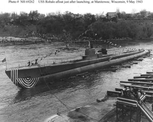 The USS Robalo (SS-273), after being launched in Wisconsin.