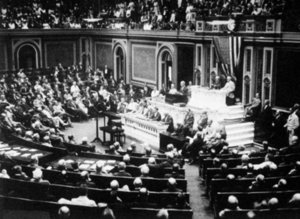 President Woodrow Wilson of the United States announces to Congress the breaking of diplomatic relations with Germany
