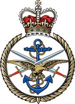 The Tri-service badge of Her Majesty's Armed Forces. The anchor representing the Royal Navy, the crossed swords the Army, and the Eagle the Royal Air Force