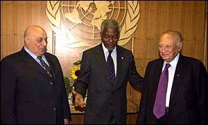 Former TRNC President  (left) with UN Secretary-General  and former Cypriot President 