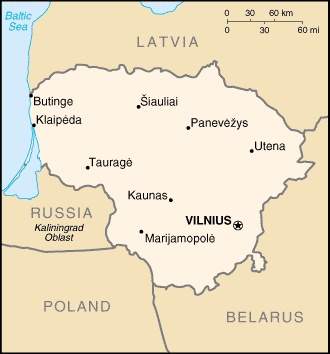 Map of Lithuania with cities