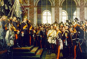 On January 18th 1871, the German Empire is proclaimed in the Hall of Mirrors of the Palace of Versailles. Bismarck appears in white.