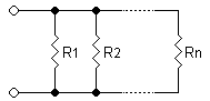 A diagram of several resistors, side by side, both leads of each connected to the same wires