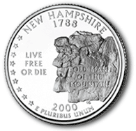 The reverse of the state quarter of New Hampshire features the Old Man of the Mountain and its name, alongside the state motto 'Live Free or Die'.