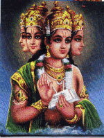Brahma, the Creator, is depicted with four heads, each reciting one of the four .