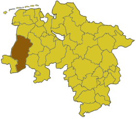 Map of Lower Saxony highlighting the district Emsland
