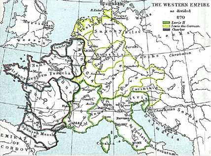 Charlemagne's kingdom survived its founder and covered much of Western Europe from  until  when a treaty split it amongst his grandsons:  Central Franks ruled by  (green), East Franks ruled by  (yellow), and  led West Franks (purple).