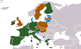 Dark Green: current Eurozone countriesBlue:  membersBrown: non-Eurozone EU membersOrange: parts of Serbia and Montenegro (outside the Eurozone) that use the EuroLight Green: non-EU members with currencies pegged to the Euro.