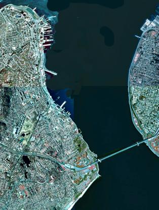 Close up of The Narrows, as seen by satellite. Staten Island is on the left, and Brooklyn is on the right, connected by the Verrazano Narrows Bridge (Public Domain photograph from NYSGIS)