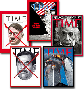(Clockwise from upper left) Notable Time magazine covers  from May 7, 1945; July 25, 1969; December 31, 1999; September 14, 2001; and April 21, 2003. Note that on the September 14, 2001 edition, the usual red border was colored black due to the Sept. 11 attacks