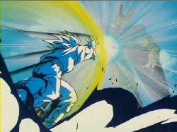 Cell about to be hit by point blank Kamehameha, just after Son Goku teleported in front of him