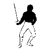 A sabre fencer.  Valid target (everything from the waist up, including the arms and head) is in black.