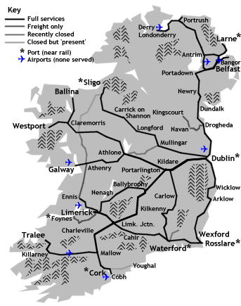 Current railway routes, along with major towns/station and some features such as mountains, ports and airports are shown on this map of Ireland