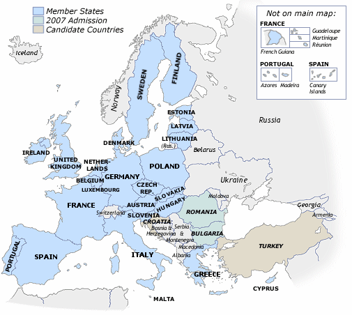  Map of EU member states, 2007 admissions and candidate countries