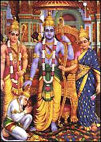 Lord Rama (center) with wife , brother  and devotee . Rama and Lakshman are always shown to be ready for battle (with bow and arrow) as it is their   to fight. Rama is shown having blue skin which is a characteristic of Vishnu
