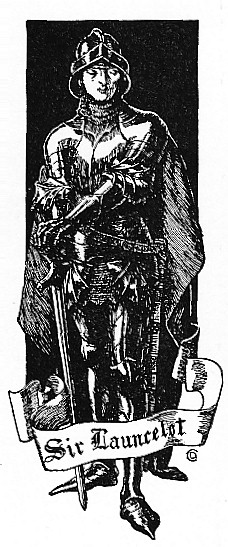 Sir Lancelot, standing in armor with a cape and with visor up, leaning on his sword
