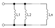 A diagram of several inductors, side by side, both leads of each connected to the same wires