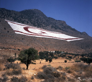 The flag of the TRNC on the Beşparmak or Pendadaktylos Mountains