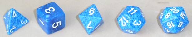 A matched Platonic-solids set of five dice, (from left) tetrahedron (d4), cube (d6), octahedron (d8), dodecahedron (d12) and icosahedron (d20).