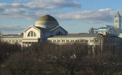 The museum as seen from the , the  visible in the distance